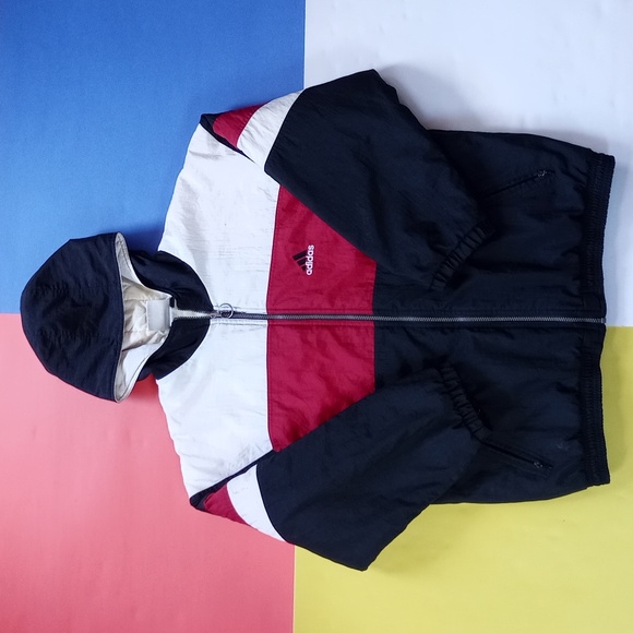Vintage 90s Adidas Essential Striped Winter Jacket With Hood RED/White/BLACK - Picture 10 of 15